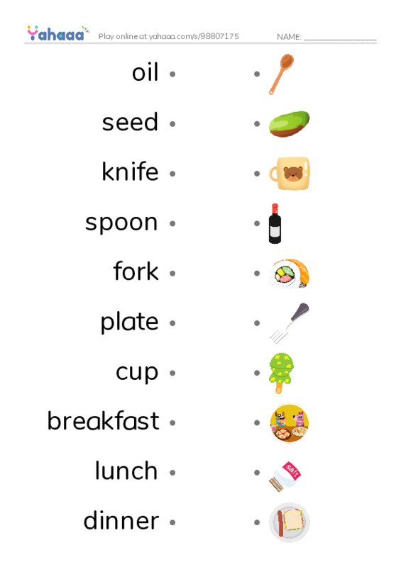 625 words to know in English: Food 2 PDF link match words worksheet