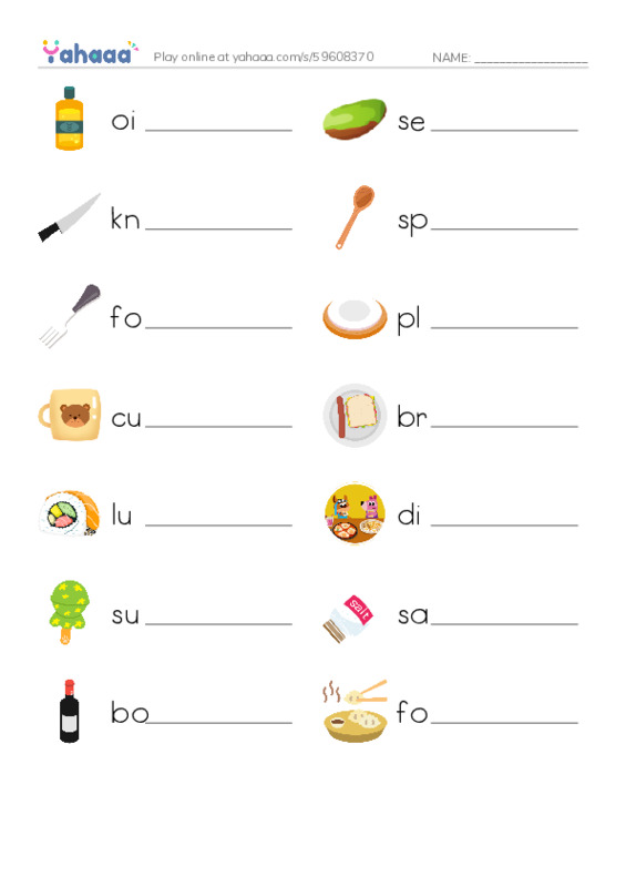 625 words to know in English: Food 2 PDF worksheet writing row