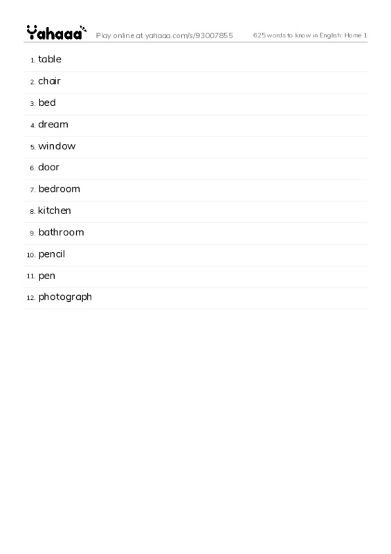 625 words to know in English: Home 1 PDF words glossary