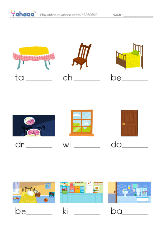 625 words to know in English: Home 1 PDF worksheet to fill in words gaps