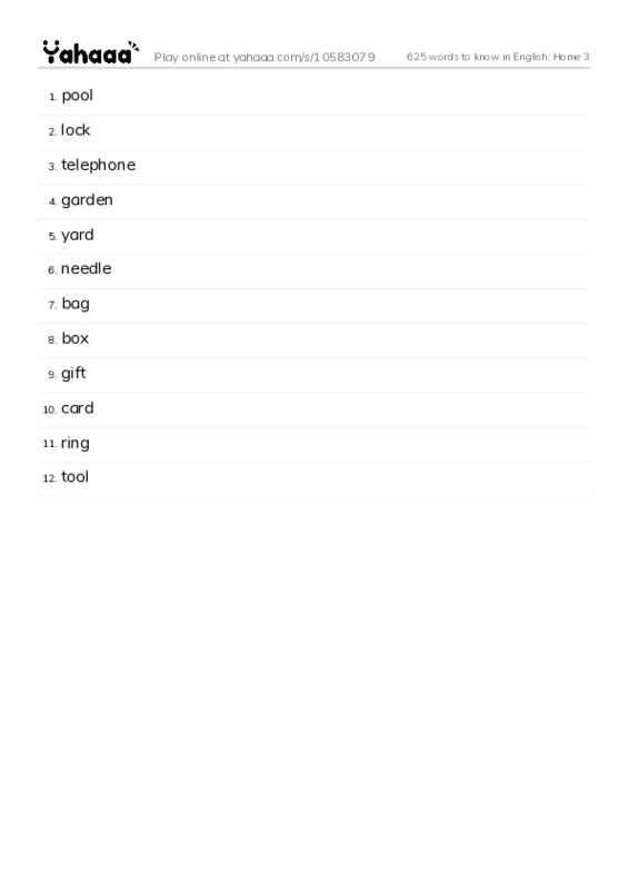 625 words to know in English: Home 3 PDF words glossary