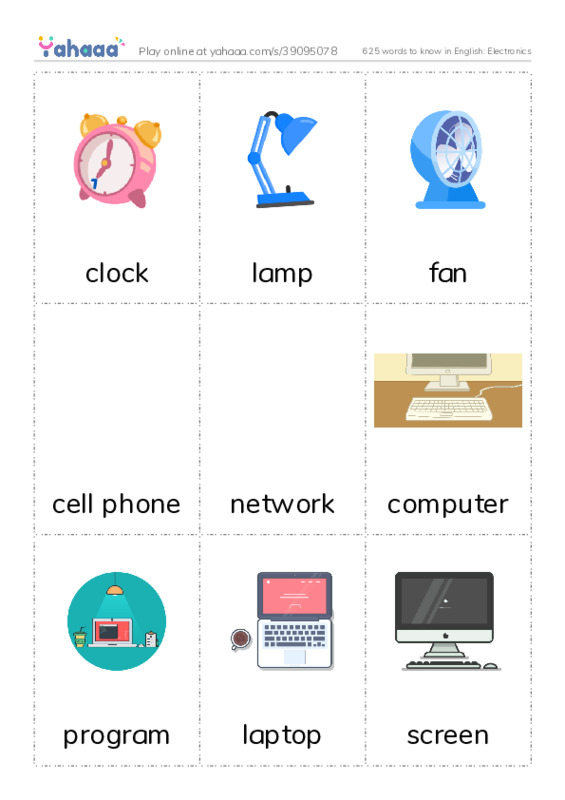 625 words to know in English: Electronics PDF flaschards with images