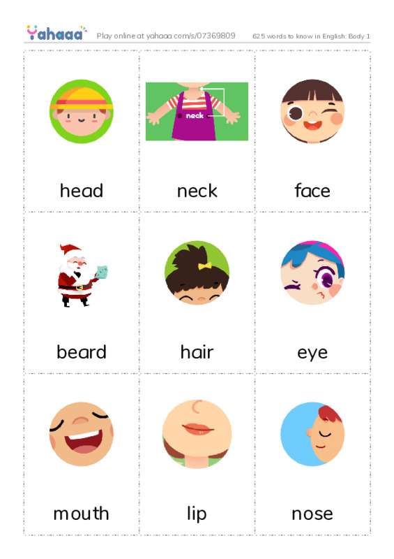 625 words to know in English: Body 1 PDF flaschards with images