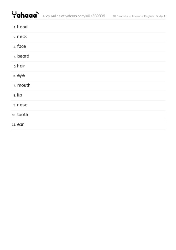 625 words to know in English: Body 1 PDF words glossary