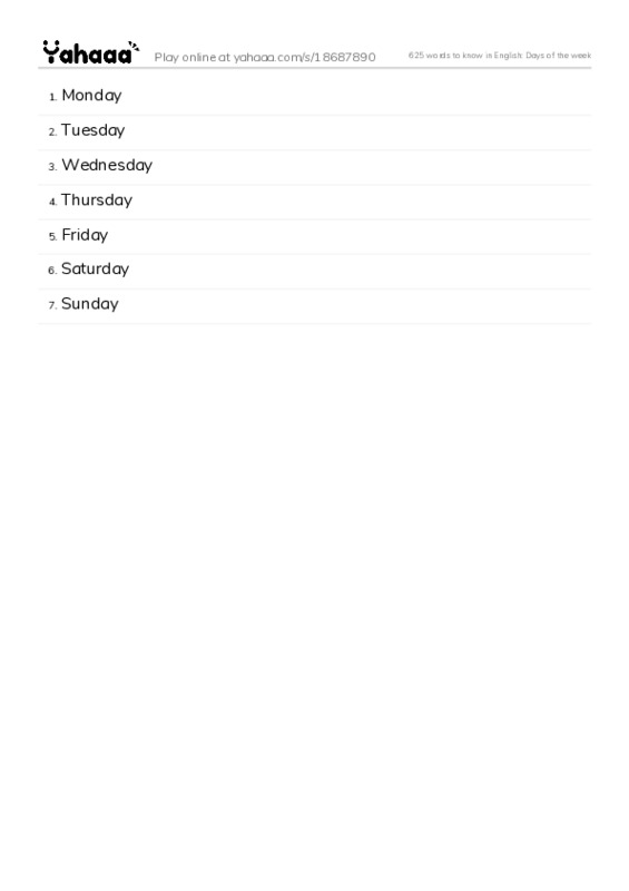 625 words to know in English: Days of the week PDF words glossary