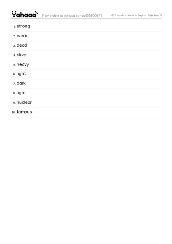 625 words to know in English: Adjectives 5 PDF words glossary