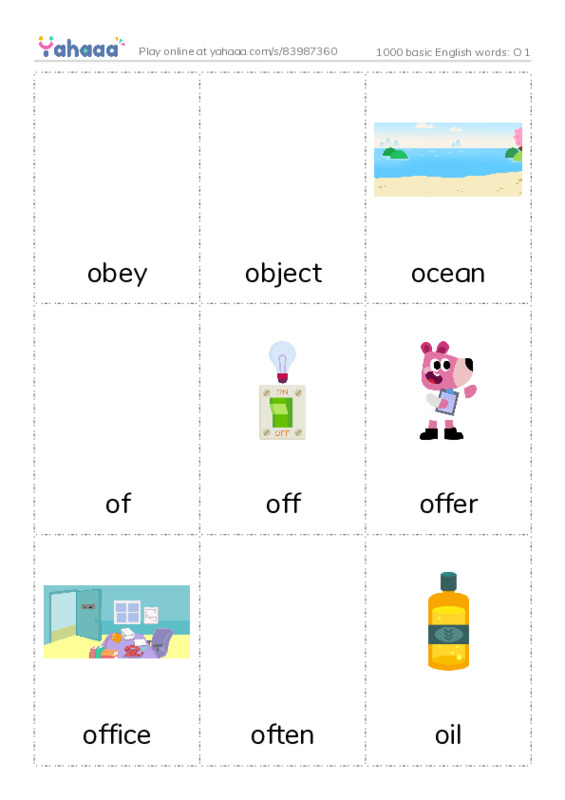 Picture flashcards worksheet for 1000 basic English words: O 1
