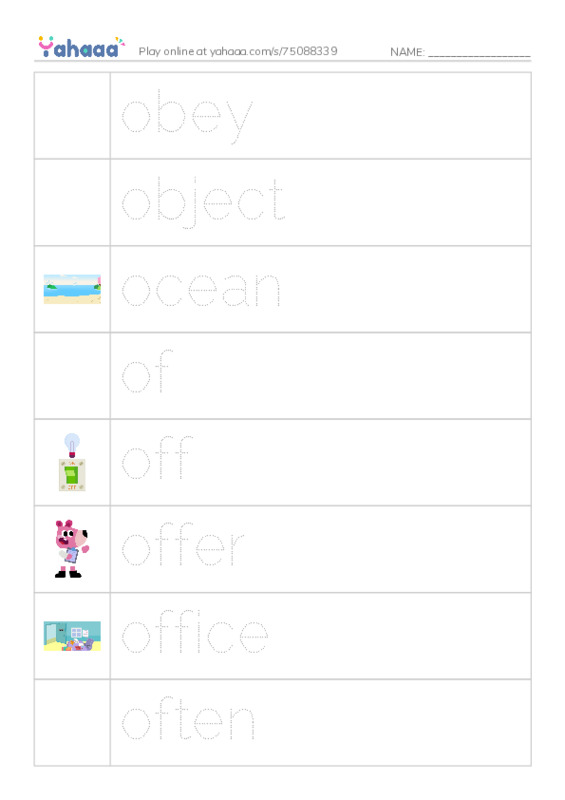 Picture and word rows worksheet for 1000 basic English words: O 1