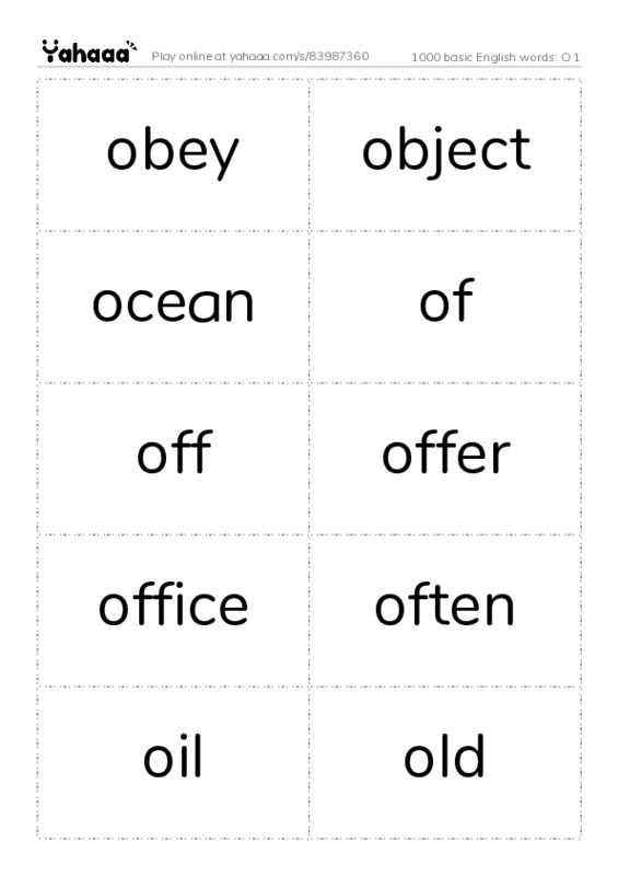 Word flashcards worksheet for 1000 basic English words: O 1