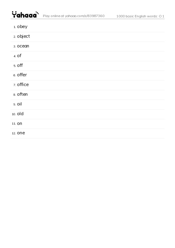 Word list with meanings worksheet for 1000 basic English words: O 1