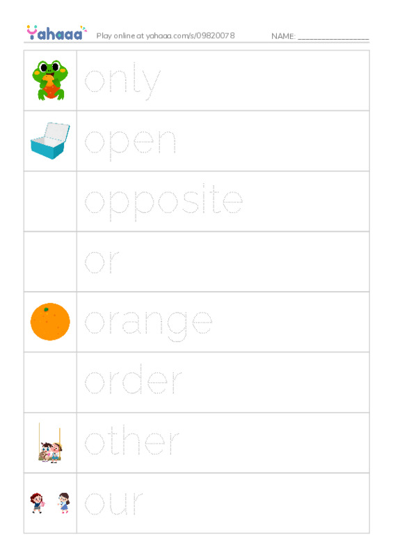 Picture and word rows worksheet for 1000 basic English words: O 2