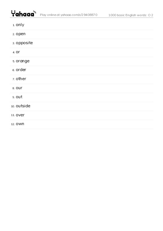 Word list with meanings worksheet for 1000 basic English words: O 2