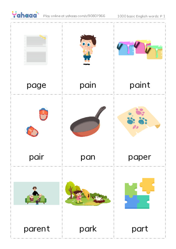 Picture flashcards worksheet for 1000 basic English words: P 1