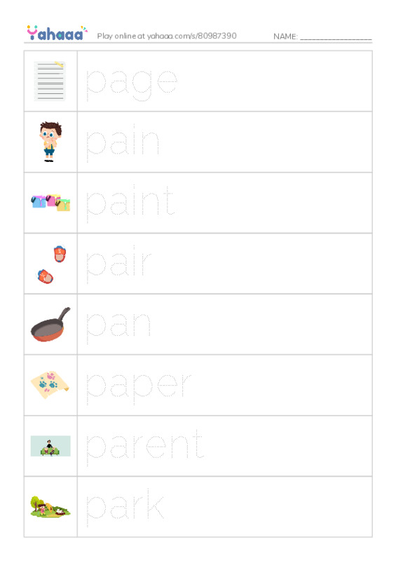 Picture and word rows worksheet for 1000 basic English words: P 1