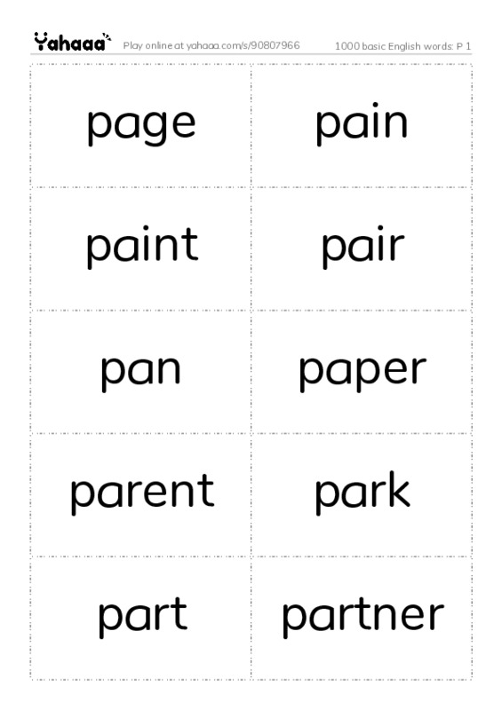 Word flashcards worksheet for 1000 basic English words: P 1