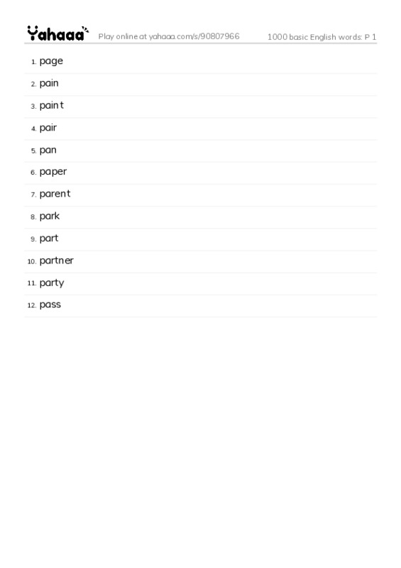Word list with meanings worksheet for 1000 basic English words: P 1