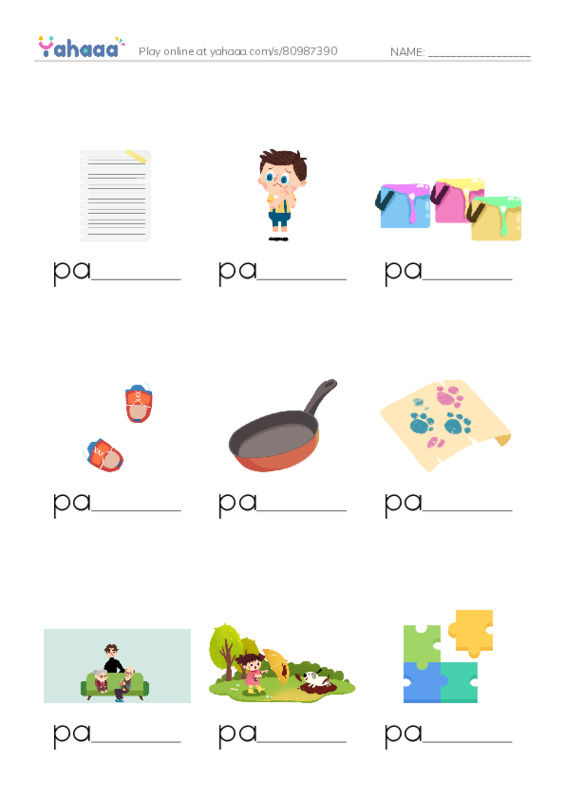 Finish the word worksheet for 1000 basic English words: P 1