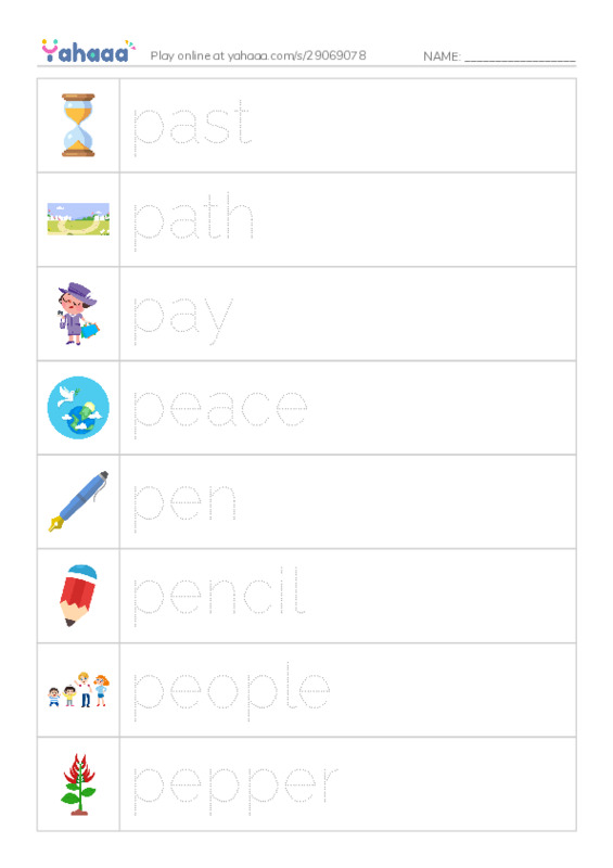 Picture and word rows worksheet for 1000 basic English words: P 2