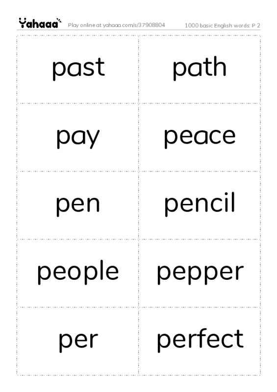 Word flashcards worksheet for 1000 basic English words: P 2