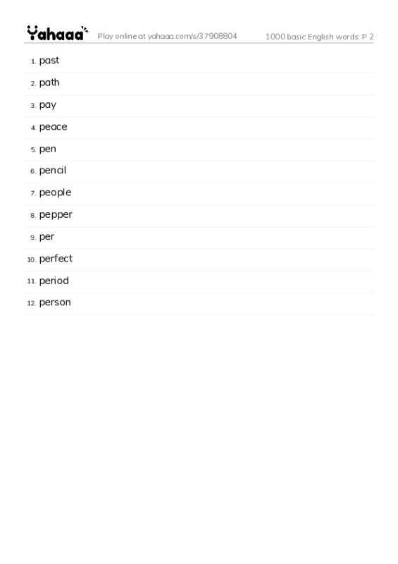 Word list with meanings worksheet for 1000 basic English words: P 2