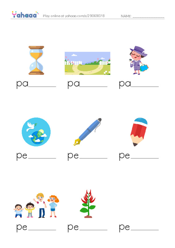 Finish the word worksheet for 1000 basic English words: P 2