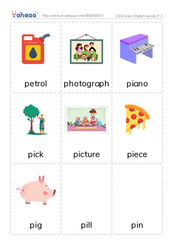 Picture flashcards worksheet for 1000 basic English words: P 3