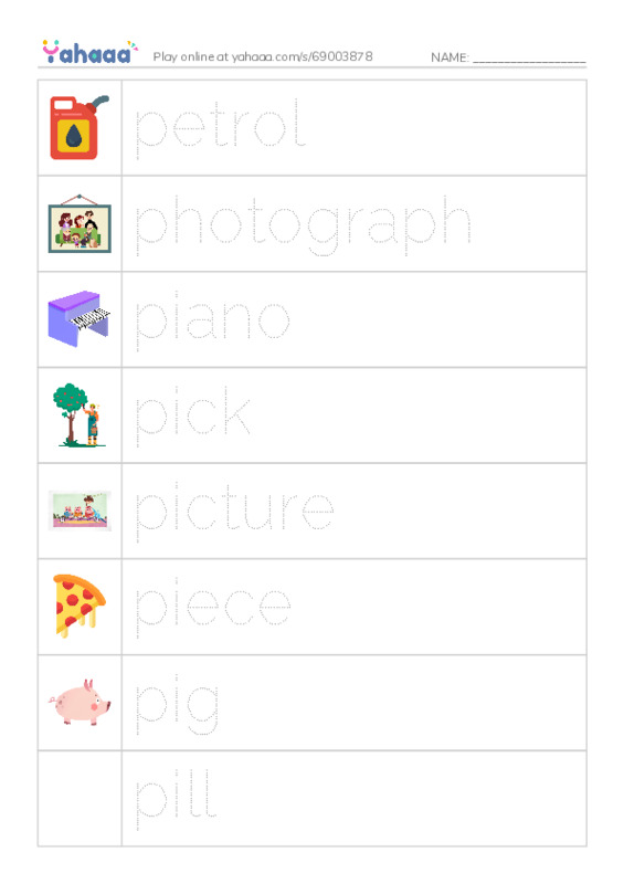 Picture and word rows worksheet for 1000 basic English words: P 3