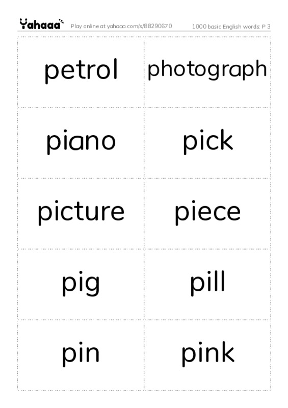 Word flashcards worksheet for 1000 basic English words: P 3