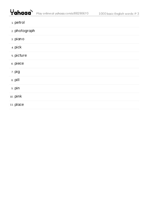 Word list with meanings worksheet for 1000 basic English words: P 3