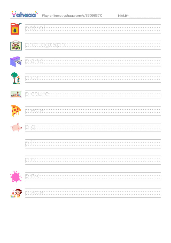 Handwriting lines worksheet for 1000 basic English words: P 3