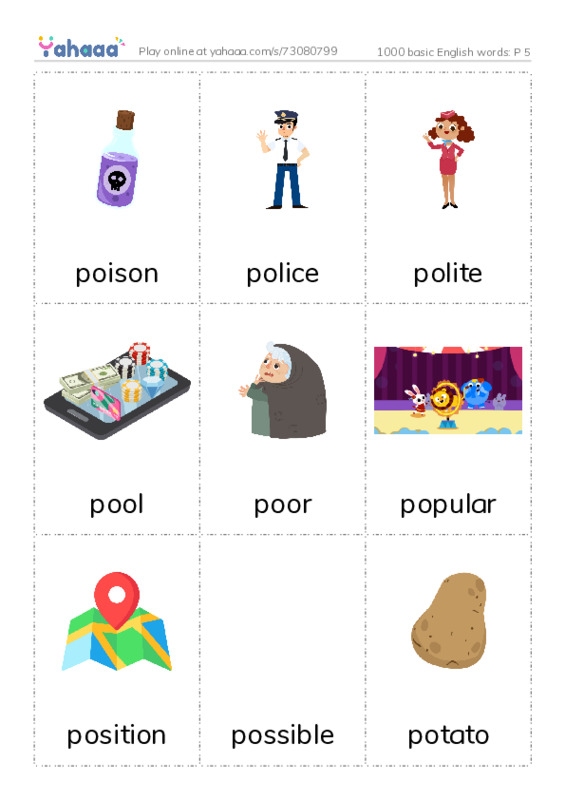 Picture flashcards worksheet for 1000 basic English words: P 5