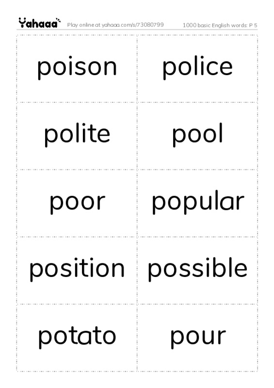 Word flashcards worksheet for 1000 basic English words: P 5
