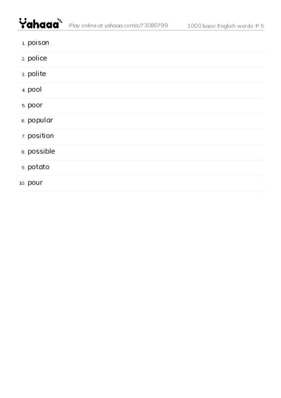 Word list with meanings worksheet for 1000 basic English words: P 5