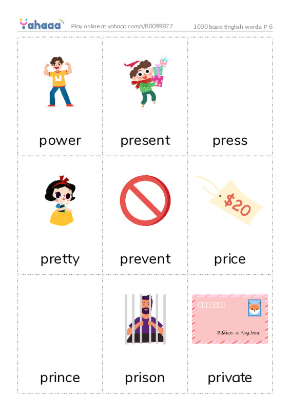 Picture flashcards worksheet for 1000 basic English words: P 6