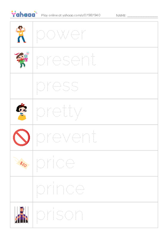 Picture and word rows worksheet for 1000 basic English words: P 6