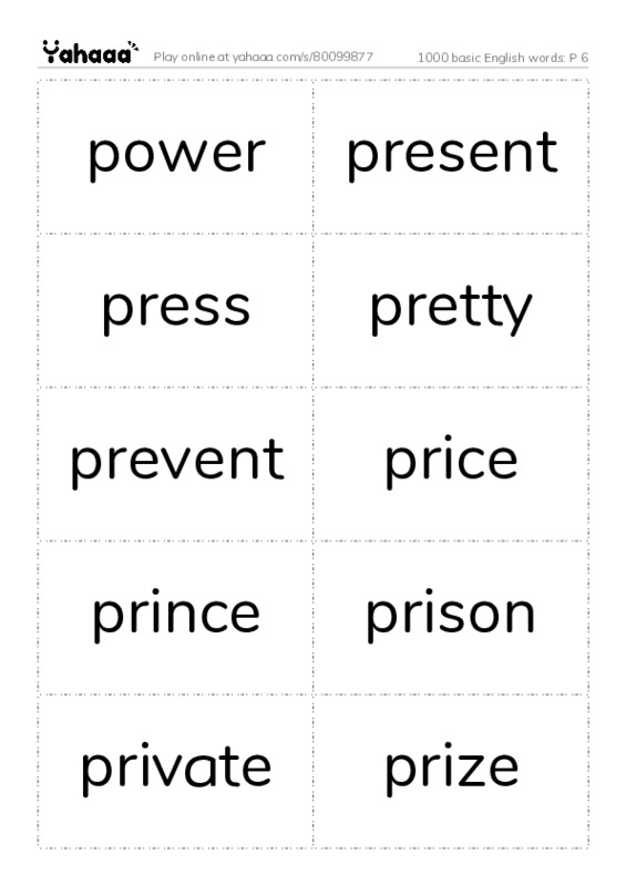 Word flashcards worksheet for 1000 basic English words: P 6