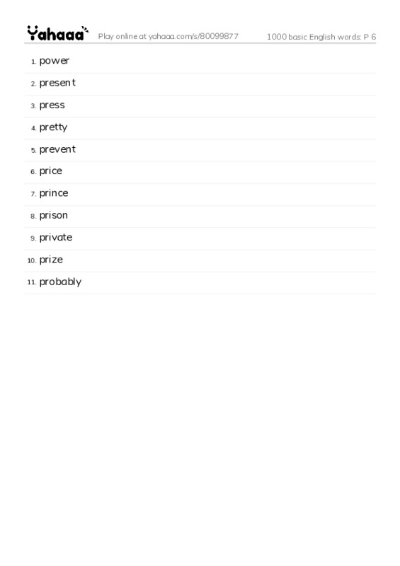 Word list with meanings worksheet for 1000 basic English words: P 6