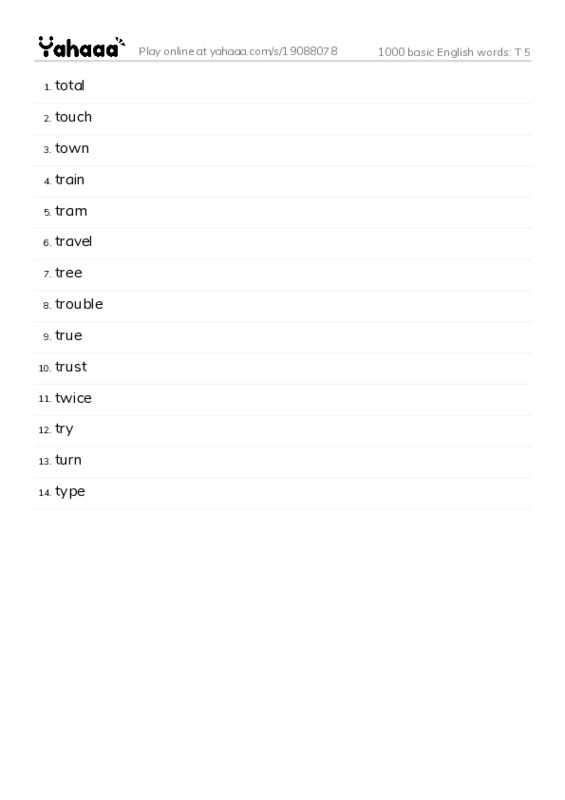 1000 basic English words: T 5 PDF words glossary