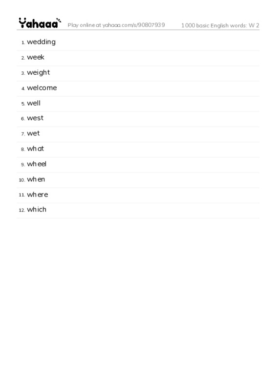 1000 basic English words: W 2 PDF words glossary