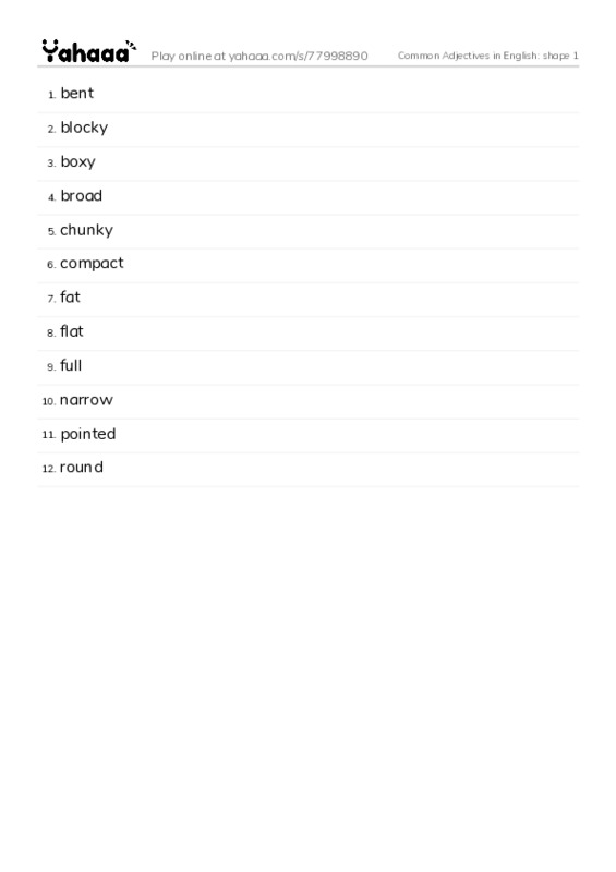 Common Adjectives in English: shape 1 PDF words glossary