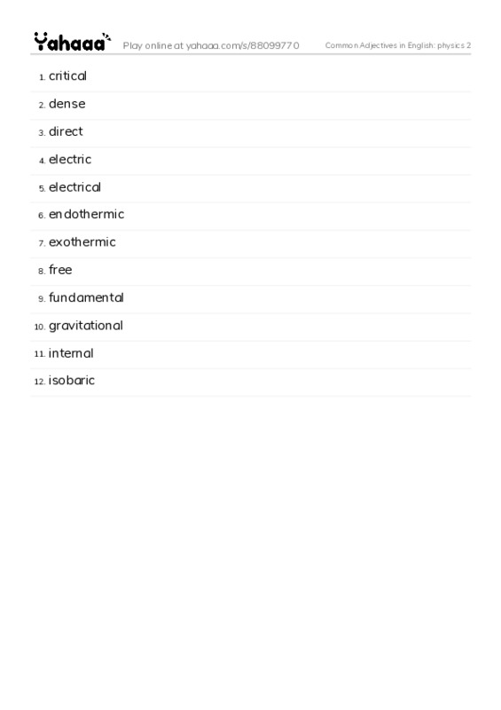 Common Adjectives in English: physics 2 PDF words glossary