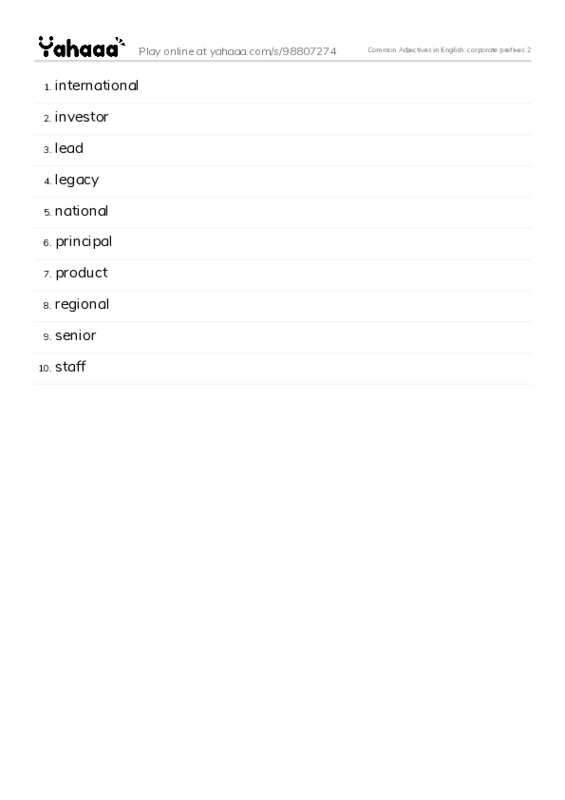 Common Adjectives in English: corporate prefixes 2 PDF words glossary