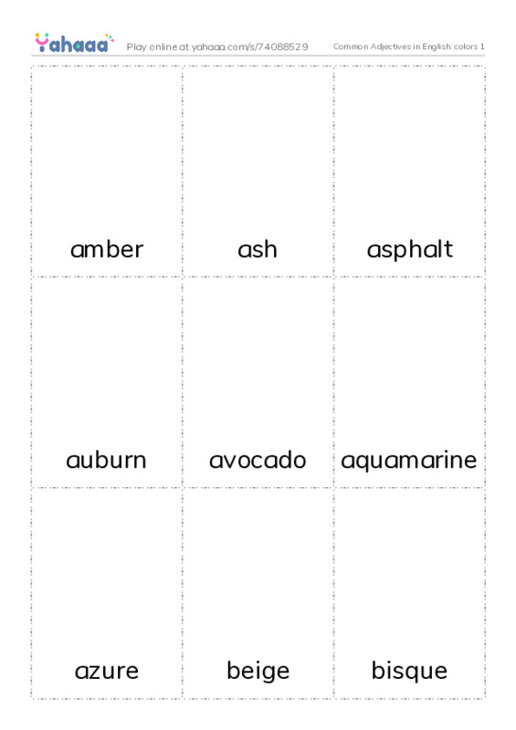 Common Adjectives in English: colors 1 PDF flaschards with images