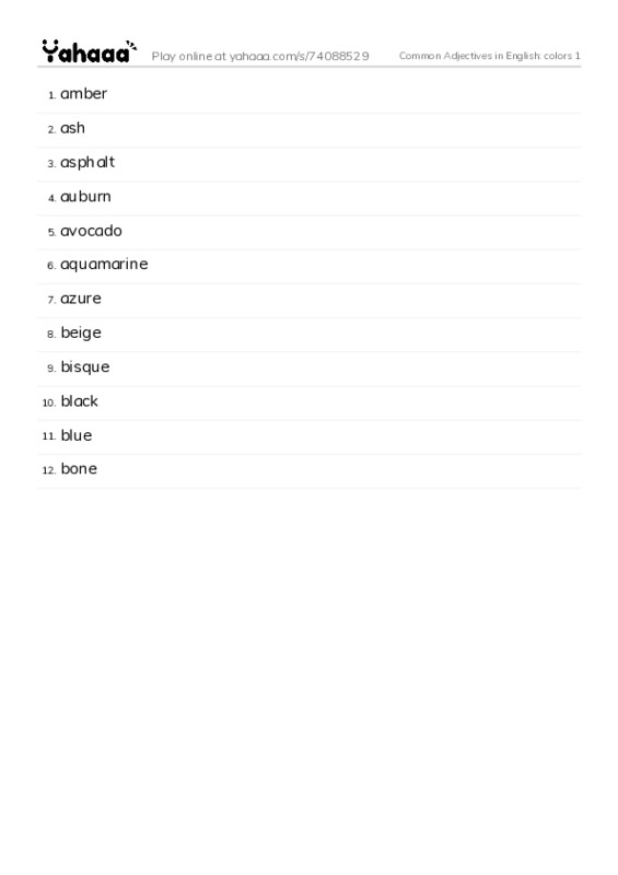 Common Adjectives in English: colors 1 PDF words glossary