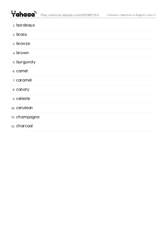 Common Adjectives in English: colors 2 PDF words glossary