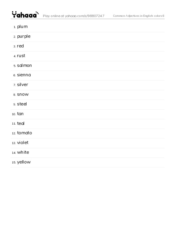 Common Adjectives in English: colors 6 PDF words glossary