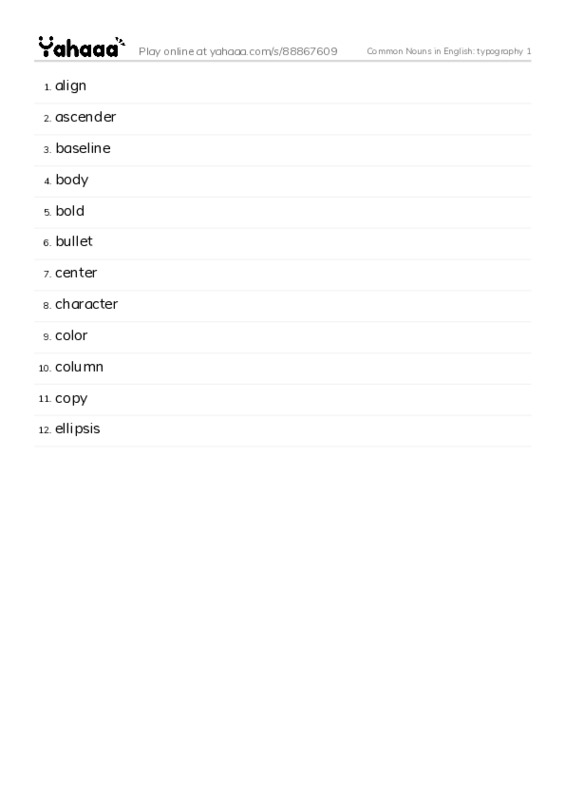 Common Nouns in English: typography 1 PDF words glossary