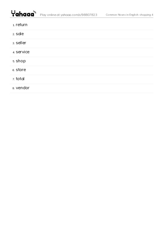 Common Nouns in English: shopping 4 PDF words glossary