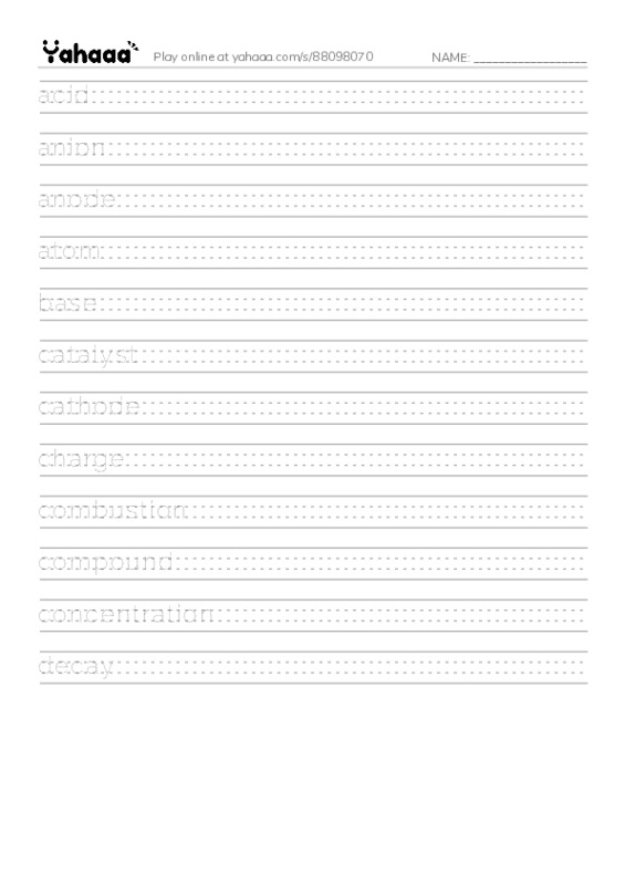 Common Nouns in English: chemistry 1 PDF write between the lines worksheet