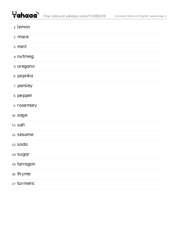 Common Nouns in English: seasonings 2 PDF words glossary